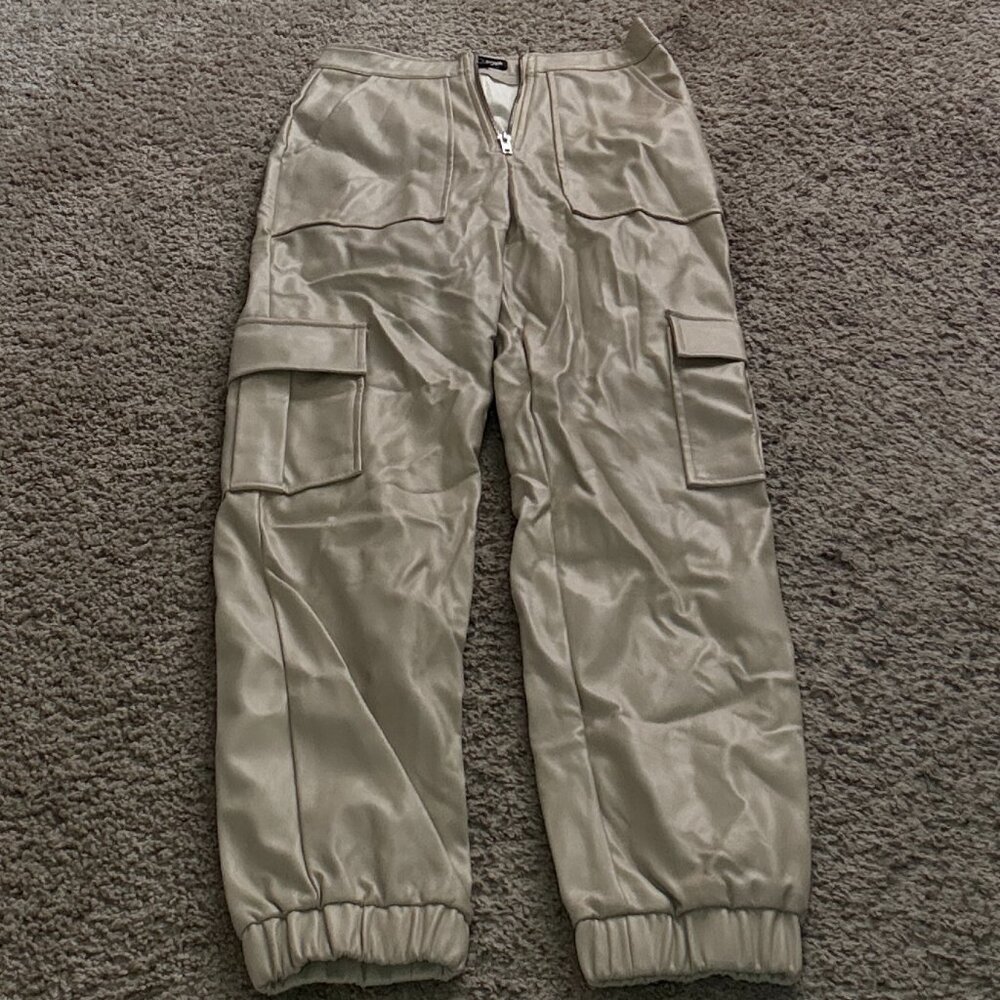 Fashion Nova Beige Faux Leather Cargo Pants